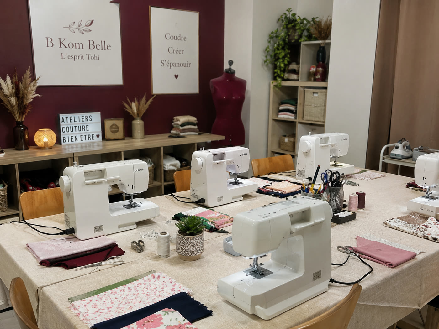 L'atelier couture, machines à coudre installées autour de la grande table